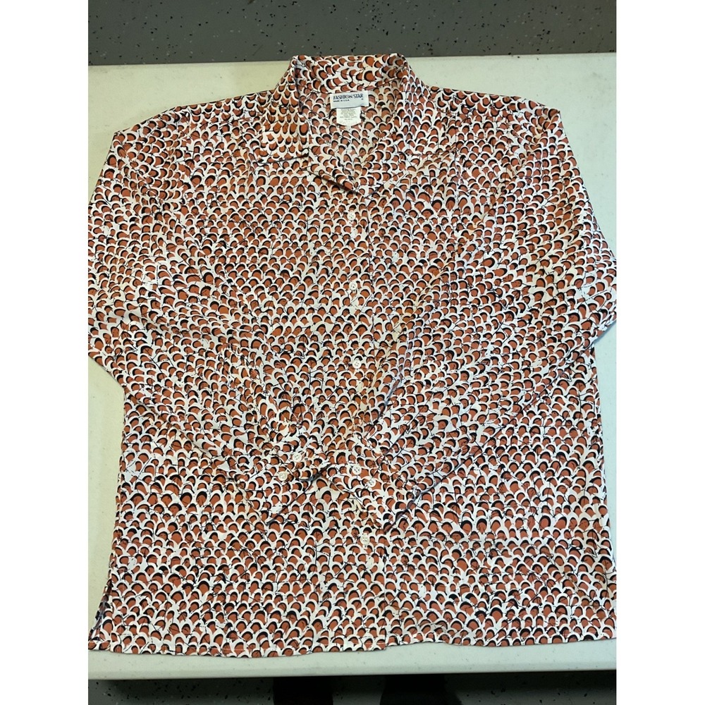 Fashion Star Womens Button Shirt Orange Pattern Long Sleeve‎ Made in USA Size 12